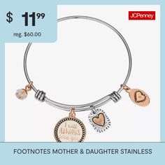 Features: Inspirational, Mom Jewelry, Adjustable, In A Gift BoxCircumference: 8 1/2 InchLink Construction: SemisolidShape: RoundMetal Color: Two TonePendant Length: 19.3mmPendant Width: 22.6mmCare: Wipe CleanBracelet Type: Charm Bracelets, Bangle BraceletsMetal: Stainless SteelCountry of Origin: Imported Personalized Bracelets As Gift For Mom, Adjustable Meaningful Jewelry For Mother's Day, Inspirational Bracelet Jewelry For Mother's Day, Meaningful Adjustable Jewelry For Mother's Day, Adjustable Hallmark Jewelry For Gifts, Personalized Adjustable Inspirational Charm Bracelet, Personalized Inspirational Adjustable Charm Bracelet, Meaningful Adjustable Charm Bracelet, Inspirational Adjustable Personalized Charm Bracelet