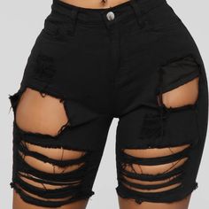 New Black Stretch Shredded Jean Shorts From Fashion Nova. Trendy Black Cotton Biker Shorts, Trendy Black Knee-length Jean Shorts, Edgy Black Biker Shorts, Black Cotton Biker Shorts For Spring, Spring Black Cotton Biker Shorts, Edgy Black Shorts For Night Out, Trendy Black Mid-thigh Length Bottoms, Black Cotton Mid-thigh Shorts, Black Mid-thigh Cotton Shorts