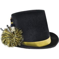 You'll be the classiest guest at the New Year's Eve party sporting this black velvet top hat adorned with a mini champagne bottle silver accents gold tinsel and wrapped with a gold satin ribbon. Cheers! pbChampagne Bottle Fabric Top Hat product details:-b-p ul li10in wide x 6.25in tall-li liFabric plastic and tinsel-li liOne size fits most teens and adults-li -ul Gold Champagne Bottle, New Years Hat, Gold Hat, Mini Champagne Bottles, Black Velvet Top, Fancy Dress Up, Mini Champagne, Gold Hats, New Year's Eve Party