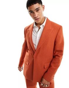 Viggo waffle suit jacket in burnt orange | ASOS Orange Notch Lapel Blazer For Work, Tailored Orange Blazer With Notch Lapel, Tailored Orange Single-breasted Blazer, Fitted Orange Outerwear With Notch Lapel, Tailored Orange Office Blazer, Orange Fitted Blazer For Work, Elegant Orange Blazer With Notch Lapel, Formal Orange Single Breasted Blazer, Elegant Single Breasted Orange Blazer