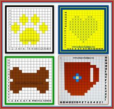 four cross stitch patterns in different colors and sizes, each with a dog on it