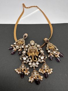 Ganesha Nakshi Color Stone Kundan Victorian Mehndi Finish Pendent Set - Purple Pendent Set Gold, Necklace For Neckline, Pendent Set, Back Chain, Beautiful Chokers, Chandbali Earrings, Temple Jewelry, South Indian Jewelry, Cubic Zirconia Necklace