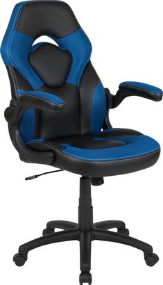 an office chair with blue and black leather upholstered on the armrests