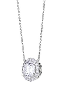 This stunning necklace is crafted with a center lab-grown-diamond pendant that's haloed by sparkling pavé stones and suspended from a delicate chain. 16" length; 2" extender; 3/8" pendant diameter   Total lab-grown-diamond weight: 2ct.   Color: G–J   Clarity: VS   14k gold/lab-grown diamond   Imported   >Diamond Guide White Oval Halo Setting Necklace, Timeless Diamond Pendant Necklace With Halo Setting, Timeless Halo Pendant Diamond Necklace, Dazzling Oval Necklace With Pave Setting, Elegant Jewelry With Pave Setting Oval Pendant, White Oval Pendant Jewelry With Halo Setting, Fine Jewelry Cubic Zirconia Solitaire Necklace With Halo, Dazzling Diamond Necklace With Halo Setting, Elegant Diamond White Halo Diamond Necklace