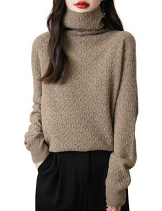 Features: Stay warm and stylish this fall and winter with our Turtleneck Women's Knit Sweater. Made with 100% Merino wool, this sweater is not only soft and comfortable, but also features a unique hollow out design for added visual interest. Perfect for any occasion, this long sleeve top will keep you cozy and on-trend. Elegant Fall Sweater, Elegant Acrylic Sweater For Fall, Beige Fine Knit Sweater For Fall, Elegant Acrylic Sweater For Winter, Elegant Acrylic Winter Sweater, Winter Cashmere Sweater With Textured Knit, Winter Cashmere Cable Knit Top, Cashmere Long Sleeve Turtleneck For Fall, Winter Textured Knit Cashmere Sweater