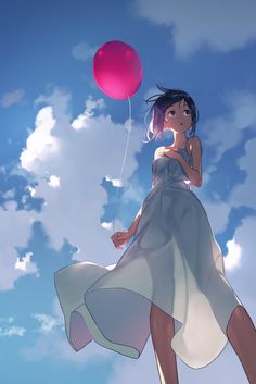 a woman flying through the air while holding a pink balloon in her hand and wearing a white dress