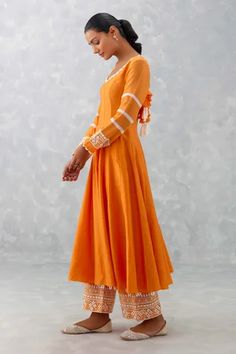 Shop for Devnaagri Orange Chanderi Anarkali Embroidered Palazzo Set for Women Online at Aza Fashions Chanderi Anarkali, Sheer Dupatta, Chanderi Dupatta, Palazzo Set, Silk Organza, Fabric Silk, White Embroidery, Embroidery Details, Set For Women