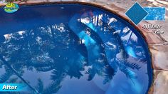 an above ground swimming pool with palm trees in the background and before and after photoshopped