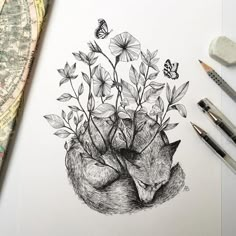 a drawing of a fox surrounded by flowers