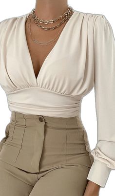 Versatile Beige V-neck Blouse, Elegant Solid Color V-neck Tops, Trendy Beige Office Blouse, Chic Solid Color Party Blouse, Elegant Solid Color Party Tops, Elegant V-neck Solid Color Blouse, Elegant Solid Color V-neck Blouse, Elegant V-neck Blouse In Solid Color, Elegant Non-stretch Beige Tops