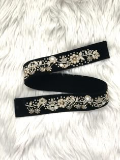 BLACK VELVET BELT WITH ZARDOSI, MOTI AND MIRROR HANDWORK WIDTH: 2" Luxury Embroidered Belt For Festivals, Luxury Handmade Traditional Belts, Belt Work Design, Adjustable Party Sashes, Cloth Hip Belt For Saree, Handwork Belt Design, Embroidery Belt Design, Belt Embroidery Design, Hip Belt Designs