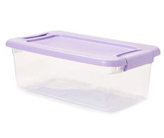 a plastic storage container with a lid on the side and a purple handle is sitting in front of a white background