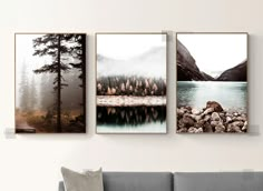 three canvases hanging on the wall above a couch in front of a gray sofa