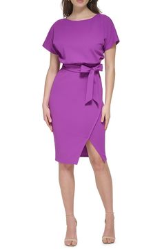 Kensie Tie Front Blouson Dress | Nordstromrack Chic Short Sleeve Beach Dress, Spring Asymmetrical Belted Dresses, Spring Belted Short Sleeve Dress, Elegant Short Sleeve Belted Midi Dress, Elegant Belted Midi Dress With Asymmetrical Hem, Chic Short Sleeve Office Dresses, Elegant Short Sleeve Midi Dress For Spring, Chic Short Sleeve Solid Color Dress For Work, Short Sleeve Office Dresses