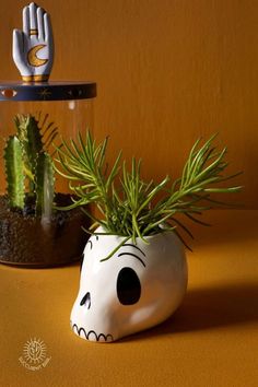 a plant in a skull shaped pot with a fork sticking out of it's mouth