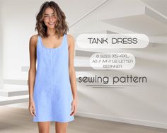 Tank dress sewing pattern. This dress has sleeveless design and relaxed fit, it is short but altering the length is very easy. Pattern is designed for non stretch medium weight fabrics such as denim, boucle, poplin and similar. Project is beginner friendly however installing zipper will require some experience. Instructions are detailed and cover each step with graphic and useful links for beginners. Instructions are in English. Digital PDF digital sewing patterns available instantly. TANK DRESS SEWING PATTERN DESCRIPTION: * Size: XS-4XL * Print Size: A4 / US Letter / A0 Paper Size * Tools: Regular Sewing Machine * Materials: Non Stretch Medium Weight Fabric (poplin, denim, boucle, crepe etc), 8" or 20 cm long regular zipper * Seam Allowance: Included * Skill Levels: Advanced Beginner * In Dress Pattern Plus Size, Babydoll Dress Pattern, Short Dress Patterns, Beginner Patterns, Dress Pdf Pattern, Beginner Sewing Patterns, Pattern Dress Women, Pattern Simple, Dress Denim