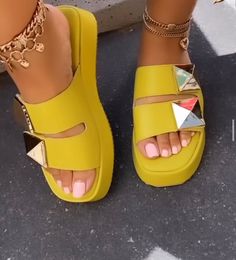 Women spiky platform sandals. Platform Sandals With Slip-on Fit And Round Toe, Spring Platform Flat T-strap Sandals, Spring Platform Slip-on Footbed Sandals, Adjustable Platform Slip-on Sandals, Slippers Collection, Outdoor Platform Sandals, Synthetic Material, Women Wedges, Crocs Fashion, Shoe Covers