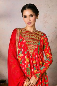 Red anarkali featuring tropical print and embroidered yoke. Paired with a dupatta adorned with sequin and thread embroidered border., Fit: Relaxed Festive Red Dupatta With Printed Border, Red Bohemian Embroidered Anarkali Set, Red Anarkali With Printed Border, Red Bohemian Dupatta With Printed Motifs, Red Bohemian Batik Print Dupatta, Red Anarkali, Women Kurta, Embroidered Border, Tropical Print