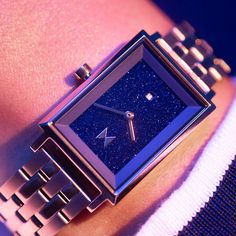 run on spacetime in the galaxy midnight color story, featuring the good vibrations of blue goldstone and the cool carnation golds of the stars. a 1950’s inspired square watch silhouette for women. timeless timekeeping meets california modern design. Midnight Color, Mvmt Watches, Heart Watch, California Modern, Good Vibrations, Back To School Sales, Blue Goldstone, Chevron Dress, Color Story