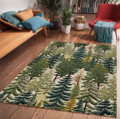 a living room filled with furniture and a rug on top of a hard wood floor