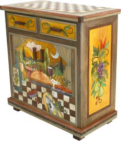 an artisticly painted cabinet is shown on display