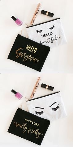 Product Description: These theme cosmetic bags are a unique way to gift your besties! Fill them with custom lip balms, sunglasses and more (not included). Each black or white cotton canvas bag comes with a gold zipper. White bags are printed with a lashes design and "Hello Beautiful" in black and black cosmetic bags are printed in shiny gold foil reading "Hello Gorgeous." PLEASE NOTE: Sold individually. Pictured contents are not included. Lashes Design, Black Cosmetics, Black And Black, Canvas Cosmetic Bag, Lip Balms, Hello Gorgeous, Hello Beautiful, Toiletry Bags, Gold Zipper