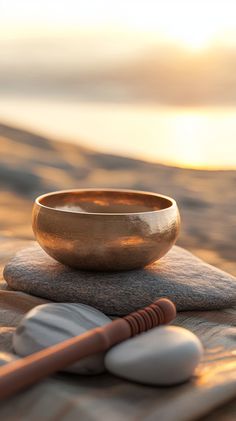 A serene sound meditation scene featuring a Tibetan singing bowl against a sunrise backdrop. Soft, earthy tones with natural stone colors. Light, airy composition. No text! Photorealism style. Meditation Yoga, Me Time, Yoga Meditation, Phone Wallpapers, Phone Wallpaper, Zen, Meditation