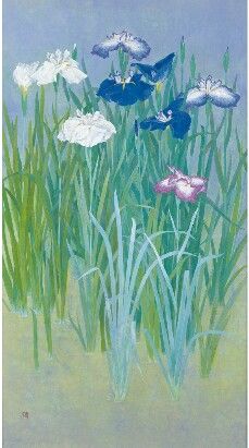 an oil painting of blue and white flowers in tall grass on a gray sky background