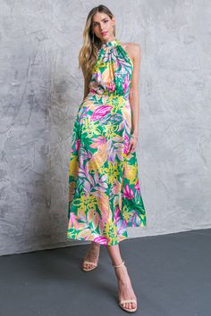 LIFE TO THE FULLEST SATIN MIDI DRESS l FLYING TOMATO | Flying Tomato Tropical Clothing For Women, Colors Of Summer, Midi Dress Green, Africa Trip, Tropical Outfit, American Dress, Florida Girl, Knitted Swimsuit, Tropical Escape