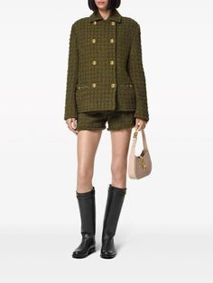 khaki
tweed
signature Medusa Head buttons
Medusa Head chain-link detailing
gold-tone hardware
spread collar
double-breasted button fastening
long sleeves
buttoned cuffs
two side welt pockets
straight hem Head Chain, Medusa Head, Yoko London, Iconic Bags, Exclusive Fashion, Ballet Flat Shoes, Ski Wear, Dolce & Gabbana, Lady Dior