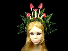 We always combine shipping and refund for the overages. This is a listing for a handmade fairy crown. This fairy crown was crafted by the fairies in my magical workshop. It is a crown for adults. It can be worn by both males and females, it is unisex. There are 5 big faux mushrooms in the middle. There are 2 smaller mushrooms in front of the larger ones. The crown is covered in moss and decorated with faux leaves in the back. The crown is covered with felt which is also on the inside which makes Whimsical Costume Hat With Tall Crown For Parties, Whimsical Tall Crown Costume Hat For Costume Party, Whimsical Costume Hat With Tall Crown For Costume Party, Fantasy Costume Hat With Tall Crown For Cosplay, Fantasy Tall Crown Costume Hat For Cosplay, Whimsical Crown Costume Hats And Headpieces For Parties, Halloween Fairycore Fairy Dress, Halloween Fairycore Fairy Dress Costume, Fairycore Fairy Dress For Halloween Cosplay