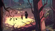 an animated image of two people walking through the woods with trees in the foreground