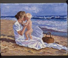 a painting of a woman holding a baby on the beach