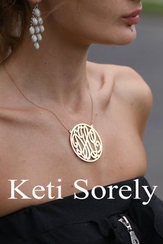 Designer Jewelry  Monogram Necklace  Large by KetiSorelyDesigns, $99.00 Classic Customized Round Jewelry, Customized Classic Round Jewelry, Classic Monogram Necklaces For Personalized Gift, Classic Monogram Initial Necklace For Personalized Gift, Monogram Initial Pendant Jewelry For Personalized Gift, Classic Monogram Jewelry For Gifts, Classic Monogram Initial Necklace For Anniversary, Elegant Initial Necklace With Monogram Round Pendant, Elegant Gold Initial Necklace With Name Detail