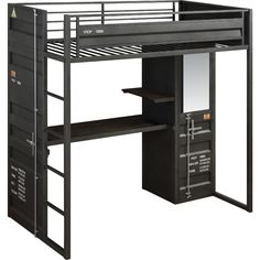 a loft bed with a desk underneath it and drawers under the bottom bunk, which also has a mirror on top