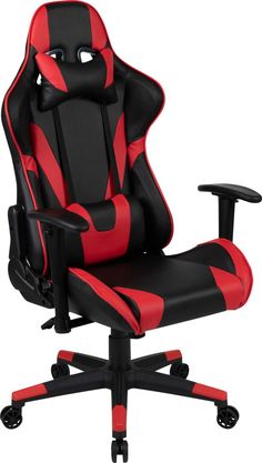 a black and red office chair with wheels