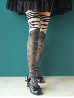 Harajuku Print Design Lolita Tights Kawaii Tights, Anna Sui Tights, Fitted Black Harajuku Stockings, Gothic Fitted Thigh-high Tights, Harajuku Style Knee-high Fitted Stockings, Girly Outfits, Harajuku, Tights, Print Design