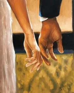 an oil painting of two hands reaching out to each other with grass in the background