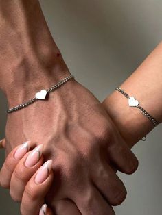 2pcs Simple And Fashionable Stainless Steel Heart-Shaped Couples' Bracelet, Suitable For Dates, Parties, Daily Wear And Valentine's Day Gifts Silver Fashionable   Stainless Steel     Women Fashion Jewelry, size features are:Bust: ,Length: ,Sleeve Length: Bracelets Ideas For Couples, Bf And Gf Jewelry, Couple Jewelry Bracelets, Bf And Gf Bracelets, Bf Activities, Cute Couple Stuff, Matching Couple Stuff, Baseball Boyfriend Gifts, Couples Jewelry Bracelets