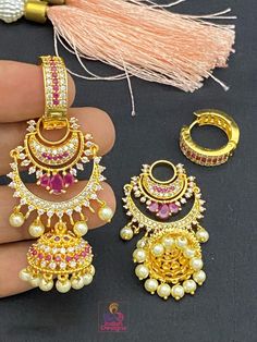 22k Gold plated CZ bali Jhumka Earrings Kundan Necklaces, Cz Jewelry, Jhumka Earrings, American Diamond, Sapphire Blue, White Sapphire, 22k Gold, Bridal Earrings, Stone Necklace