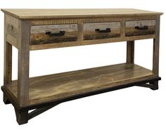 a wooden table with three drawers on one side and an open shelf on the other