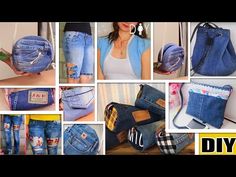 many different pictures of jeans and purses with the words diy written on them