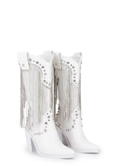 cuz bless your heart. These cowboy boots have a vegan leather construction, rhinestone fringe detailing, jewel studs, and side zipper closures. Sugar Thrillz Boots, White Boots Cowgirl, Bedazzled Cowboy Boots, Concert Boots, Fringe Cowboy Boots, Pop Shoes, White Cowboy Boots, Looks Country, Rhinestone Fringe