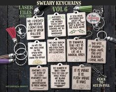 six key chains with different sayings and charms attached to them on a wooden surface