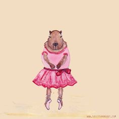 a painting of a bear in a pink dress and high heeled shoes with her hands on her hips