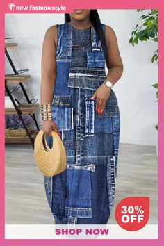 Blue Faux Denim Print Sleeveless O Neck Casual Vacation Loose Maxi Dress Casual Blue Sleeveless Dress With Pockets, Casual Denim Patchwork Dress, Casual Patchwork Dark Wash Dresses, Casual Patchwork Denim Dress For Spring, Casual Sleeveless Patchwork Dress For Vacation, Casual Patchwork Sleeveless Dress For Vacation, Casual Blue Sleeveless Dress, Sleeveless Denim Blue Beach Dress, Sleeveless Denim Blue Dress For Beach