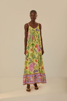 Yellow V-neck Dress With Tropical Print, Vibrant Printed V-neck Maxi Dress, Farm Rio Green Dress, Tropical Multicolor Midi-length Maxi Dress, Luxury V-neck Maxi Dress With Vibrant Print, Yellow Maxi Dress, Hawaii Style, Delicate Embroidery, Maxi Styles