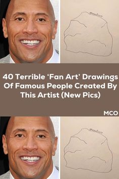 three pictures of the same man with different facial expressions, and one has his own drawing