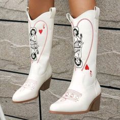 Womens Embroidered Queen Pattern Western Boots Chunky Heeled Cowboy Boots Slip-On Upper Material: Pu Leather Lining Material: Fabric Insole Material: Fabric Outsole Material: Tpr Black & Red Available White& Red Available Custom Cowgirl Boots, Fun Cowgirl Boots, Spring Embroidered White Boots, Spring White Embroidered Boots, White Embroidered Boots For Winter, White Embroidered Pointed Toe Boots, White Embroidered Western Boots, White Embroidered Boots For Fall, White Embroidered Round Toe Boots