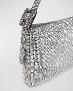 Benedetta Bruzziches "Your Best Friend La Grande" shoulder bag in crystals and silk    Adjustable buckle shoulder strap    Zip top closure     Interior, two slip pockets     Approx. 4.7"H x 9.5"W x 0.2"D    Item Weight (Lbs.): 0.4    Made in Italy Glamorous Evening Shoulder Bag With Silver-tone Hardware, Glamorous Formal Shoulder Bag With Silver-tone Hardware, Designer Party Evening Bag With Silver-tone Hardware, Evening Bag With Palladium Hardware, Luxury Baguette Shoulder Bag For Party, Luxury Embellished Formal Shoulder Bag, Designer Silver Shoulder Bag With Rhinestones, Elegant Baguette Party Bag, Formal Silver Embellished Shoulder Bag